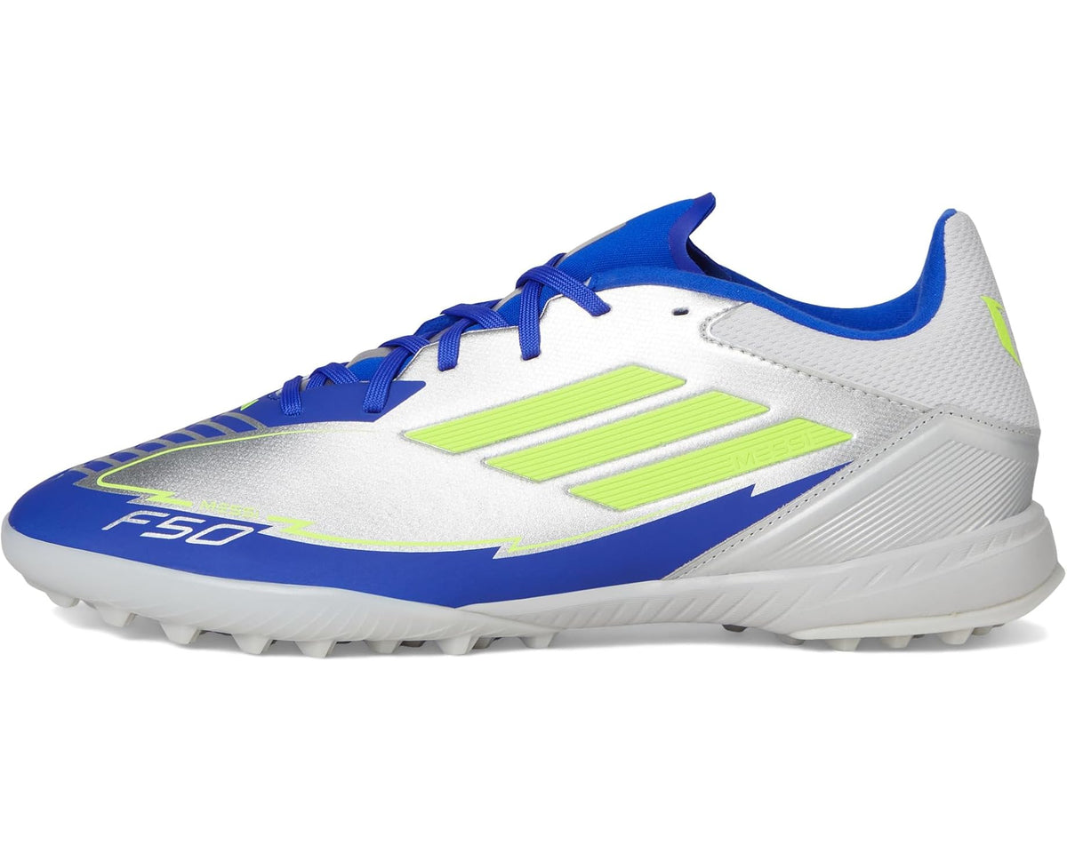 Unisex adidas F50 League Messi Turf Soccer Cleats Silver Metallic/Solar Yellow/Lucid Blue