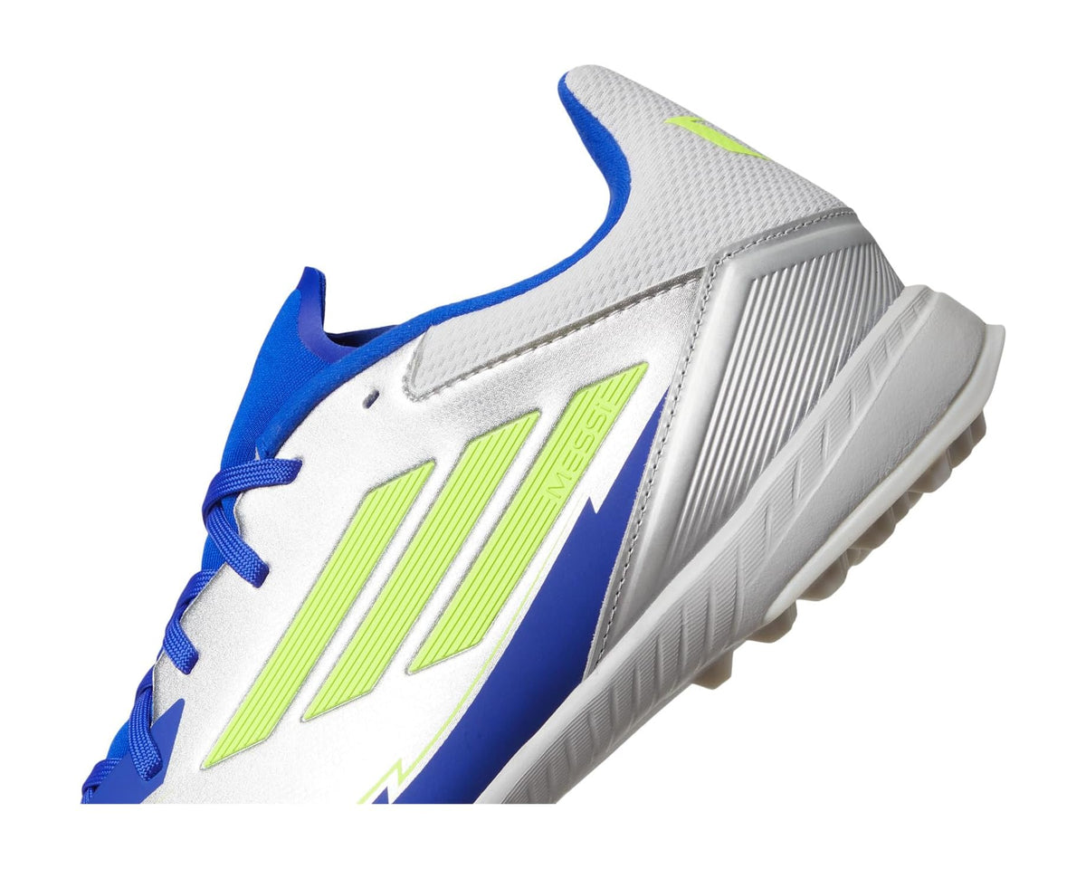 Unisex adidas F50 League Messi Turf Soccer Cleats Silver Metallic/Solar Yellow/Lucid Blue