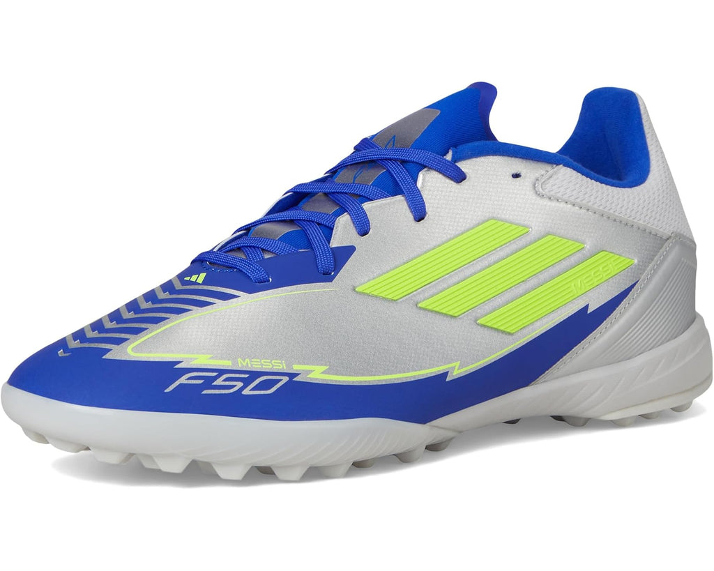 Unisex adidas F50 League Messi Turf Soccer Cleats Silver Metallic/Solar Yellow/Lucid Blue