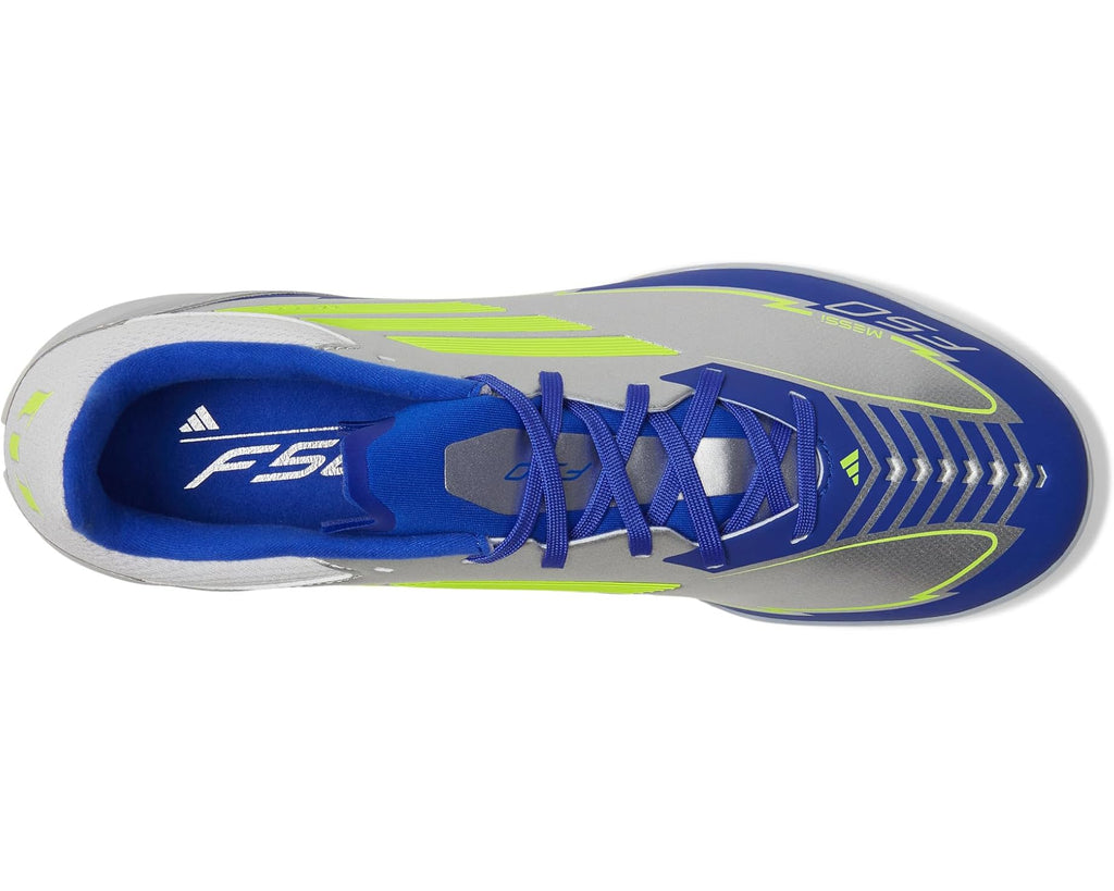 Unisex adidas F50 League Messi Turf Soccer Cleats Silver Metallic/Solar Yellow/Lucid Blue